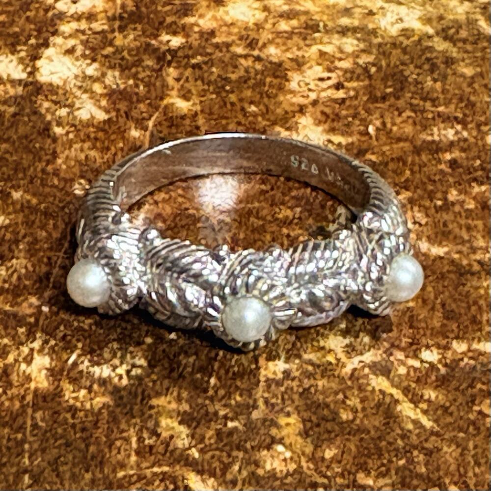 Judith Ripka Ring Size 8 Sterling Silver and 3 Pearl Band w/ Cable & Roping